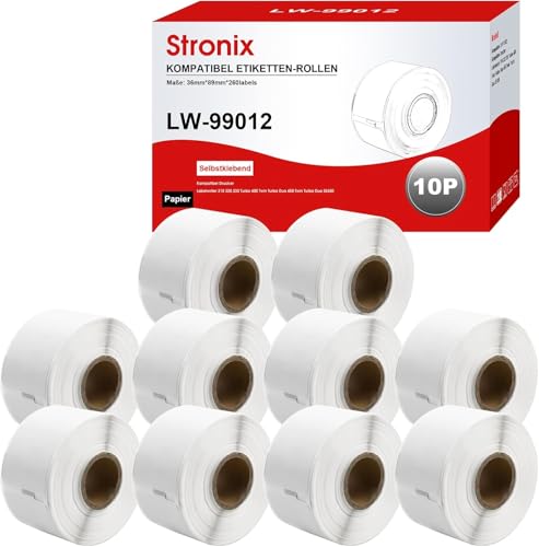 10x 99012 Selbstklebende Etiketten Kompatibel für Dymo LW S0722400 Adressetiketten, 36 mm x 89 mm Versandetiketten, 260 Aufkleber für Dymo LabelWriter 400, 450, 450 Turbo, 450 Twin Turbo, 450 Duo, 4XL von STRONIX