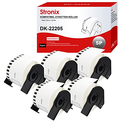 5x 22205 Selbstklebende Etiketten Kompatibel für Brother DK-22205 Adressetiketten, 62 mm x 30,48 m Versandetiketten für Brother QL-700 810W 820NWB 1110NWB 800 500A 600 1100 710 720 Etikettendrucker von STRONIX