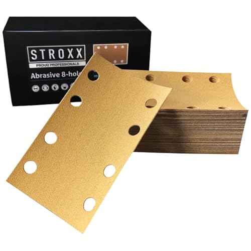 STROXX – Schleifstreifen 100 Stück mit Klett – Schleifblätter 81x133mm zum Schleifen von Holz, Metall & Farbe – 8-fach gelochtes Schleifpapier für Schwingschleifer (Korn 150) von STROXX