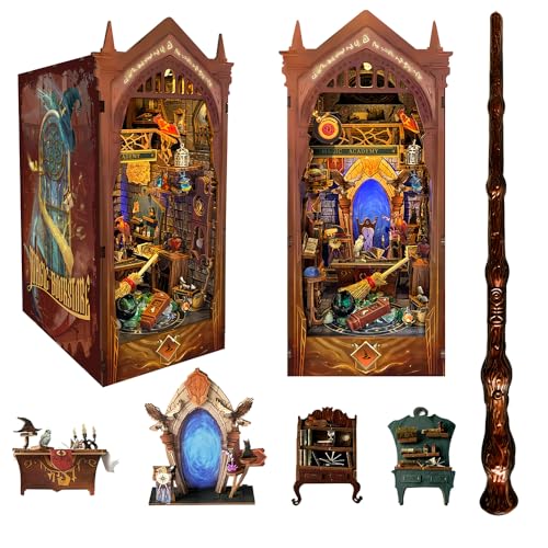 STRUCWOOD Magic Book Nook Kit mit Fernbedienungsstab, 3D-Holzpuzzle, Puppenhaus-Miniatur-Buchecken-Set, kreative Buchstütze, Bücherregal, Dekoration für Erwachsene, Teenager – Magic Academy (SQ-38) von STRUCWOOD