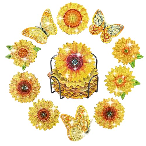 Diamond Painting Untersetzer 10er Set, Untersetzer Diamond Painting Basteln Erwachsene DIY Sonnenblumen Diamond Painting Kinder 5d Diamant Painting Untersetzer für Gläser Weingläser Vasen von STSAIL