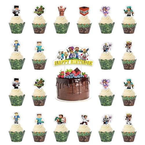 26 Stück Cupcake Topper und 24 Stück Cupcake Wrapper, Minecraft Tortenaufleger Tortendeko Kuchen Deko für Kinder Geburtstag, Muffins Deko für Jungen und Mädchen von STUINMOLL