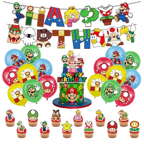 Super Mario Geburtstagsdeko Super Mario Geburtstag Party Deko Jungen Mädchen Kindergeburtstag Deko Set Enthält Happy Birthday Banner Girlande Super Mario Kuchen Muffins Deko Tortendeko Luftballons von STUINMOLL