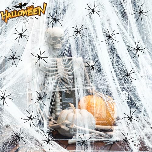 STVST Halloween Deko Spinnennetz, Gruselig Realistisch Elastischer 240 g Spinnennetz Mit 70 Spinnen Halloween Spinnennetz Deko Set Großes Spinnenband für Party, Wohnzimmer, Decke, Tür und Garten von STVST