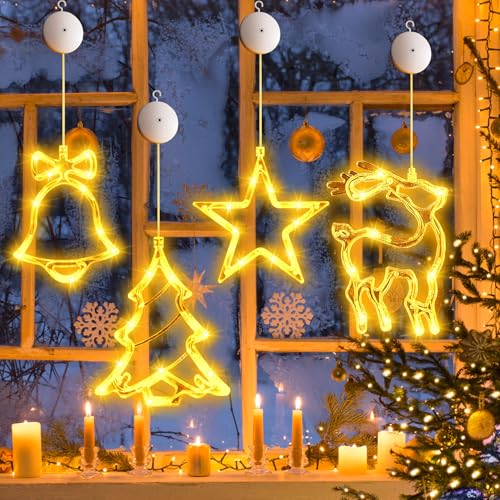 Weihnachtsdeko Fenster Lichter, 4 Stück LED Sterne Weihnachtsdeko weihnachtssterne mit beleuchtung Saugnäpfe Lichterkette Batteriebetriebene Warmweiß weihnachtsbeleuchtung innen für Innen Außen Deko von STVST