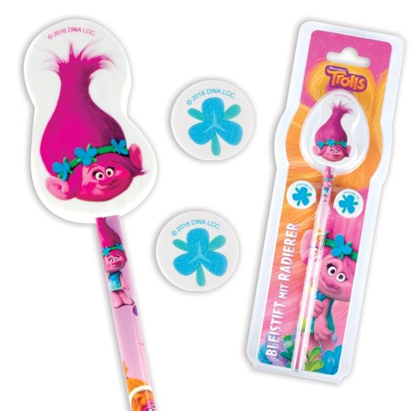 Trolls Bleistift-Set: 1 Kinderbleistift 17,5 cm und 3 Radiergummis von STYLEX Schreibwaren GmbH