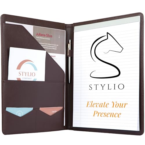 STYLIO Padfolio-Organizer, Ordner (Walnussholzfarbe), Vorstellungsordner, Dokumente, Visitenkartenhalter, mit Notizblock in Briefgröße, schönes braunes Kunstleder, mattes Finish von STYLIO