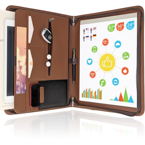 STYLIO Padfolio-Organizer mit Reißverschluss, Kunstleder, für Lebenslauf, Dokumente, Telefon, Tablet, Geschäftsbedarf und Karten, Notizblock in Briefgröße, Braun von STYLIO