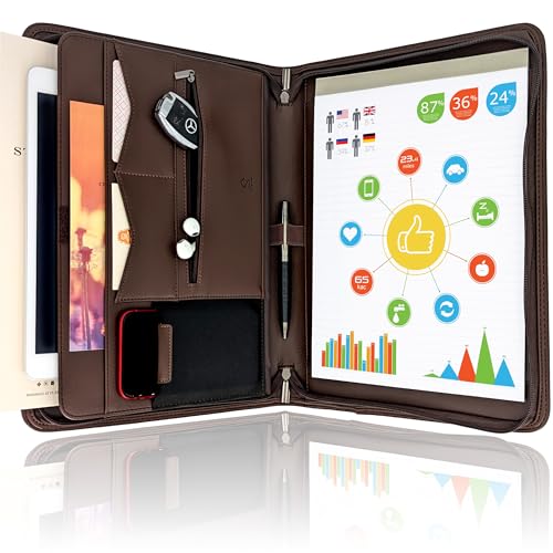 STYLIO Padfolio-Organizer mit Reißverschluss, Walnussholz, Kunstleder-Portfolio für Lebenslauf, Dokumente, Telefon, Tablet, Geschäftsbedarf und Karten, Notizblock in Briefgröße, Braun von STYLIO