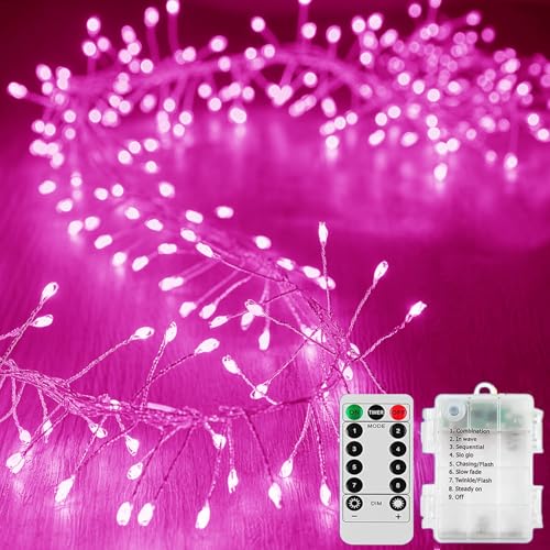 SUAVER 100LED Feuerwerk Lichterkette Außen Innen, Cluster Weihnachtsbeleuchtung LED Baum Licht Batteriebetrieben Timer Fernbedienung Wasserdicht Feuerwerkskörper Décor (Pink, 3m 100led) von SUAVER