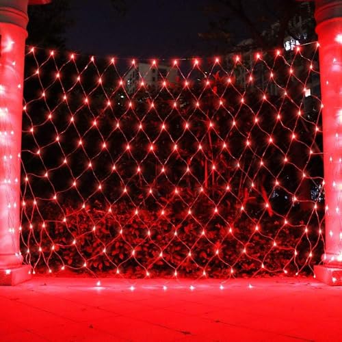 SUAVER 192LED Netz Lichterkette, Wasserdichte Lichtnetz batteriebetrieben Lichtervorhang Dekoration Weihnachtslicht Terrassenvorhang Licht für Weihnachtsbaum,Rasen,Büsche (Rot, 3x2M) von SUAVER