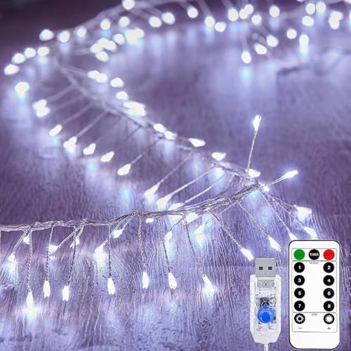 SUAVER 200LED Feuerwerk Lichterkette, USB Feuerwerkskörper Stern Cluster Lichter mit Timer Fernbedienung Feuerwerk Licht Außen Weihnachtsbeleuchtung LED Baum Licht Hochzeit Deko(Weiß, 6m 200LED) von SUAVER