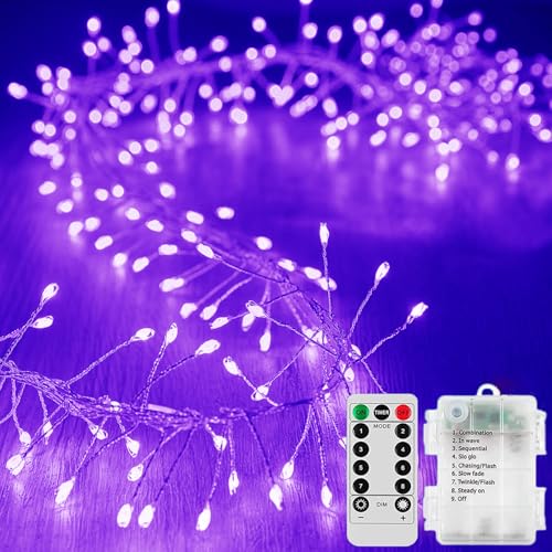 SUAVER 200LED Feuerwerk Lichterkette Außen Innen, Cluster Weihnachtsbeleuchtung LED Baum Licht Batteriebetrieben Timer Fernbedienung Wasserdicht Feuerwerkskörper Décor (Lila, 6m 200LED) von SUAVER