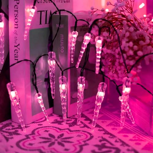 SUAVER 20LED Eiszapfen Solar Lichterkette, hängend Weihnachtsbeleuchtung Außen,Wasserdichte Eisregen Lichterkette Außen 8 Modi Deko fur Weihnachtsdeko Party Fenster Balkon Terrasse (Pink) von SUAVER