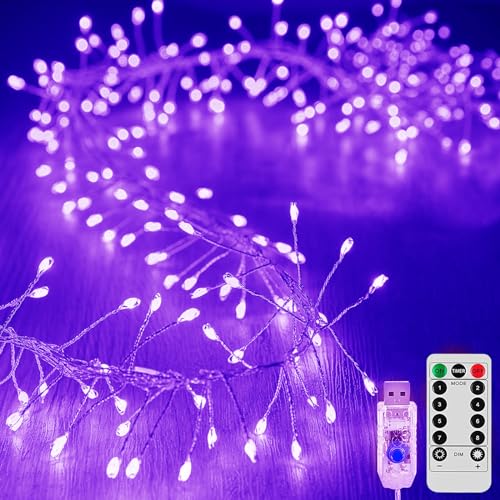 SUAVER Feuerwerk Lichterkette mit Timer Fernbedienung Außen Innen LED Fee Weihnachtslicht USB Kupferdraht Cluster Stern Lichter für DIY Schlafzimmer Hochzeit Party Décor (Lila, 12m 400LED) von SUAVER