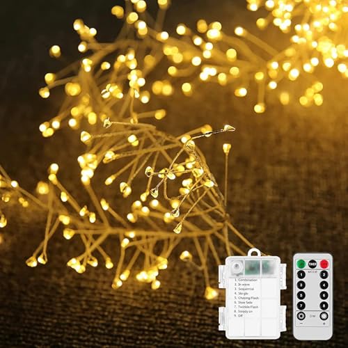 SUAVER Feuerwerk Lichterkette mit Timer Fernbedienung LED Fee Weihnachtslicht Batteriebetrieben Kupferdraht Cluster Lichter für DIY Schlafzimmer Terrasse Hochzeit Party Décor (Warmweiß, 12m 400LED) von SUAVER