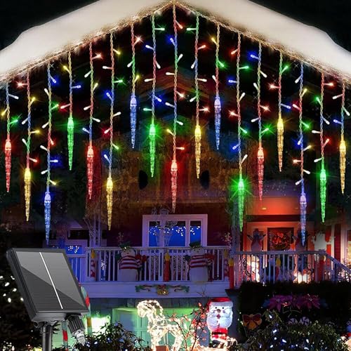 SUAVER Solar Eiszapfen Lichterkette, Solar Weihnachtsbeleuchtung Deko Vorhang Lichter mit 4m 19-Tropfen 96LED Wasserdicht Eisregen Lichterkette für Hof,Garten,Hochzeit,Party,Hausdach (Mehrfarbig) von SUAVER