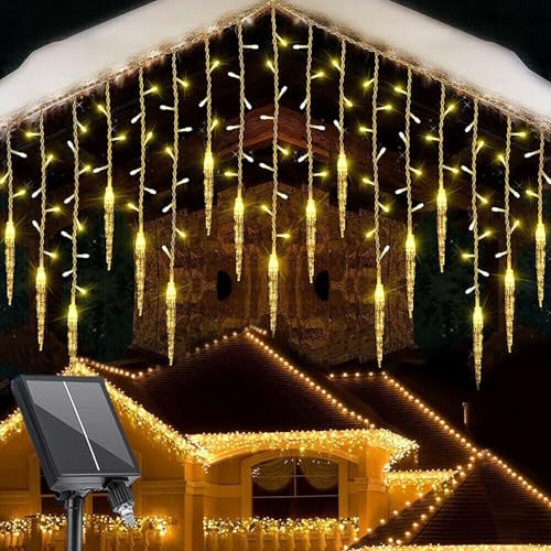 SUAVER Solar Eiszapfen Lichterkette, Solar Weihnachtsbeleuchtung Deko Vorhang Lichter mit 4m 19-Tropfen 96LED Wasserdicht Eisregen Lichterkette für Hof,Garten,Hochzeit,Party,Hausdach (Warmweiß) von SUAVER