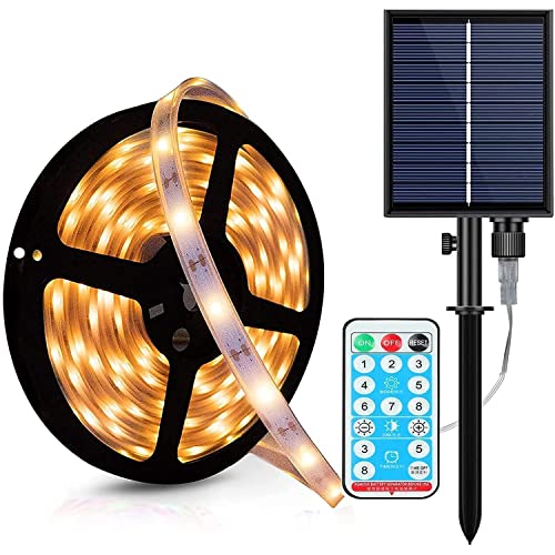 SUAVER Solar LED Streifen Außen Lichterkette, 5m 150LED Solarleuchten Wasserdicht Flexible LED Ribbon 8 Modi LED Strip mit Fernbedienung dekorative Lichterketten für Patio Hof Bäume (Warmweiß) von SUAVER