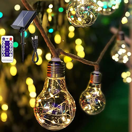 SUAVER Solar Lichterkette Aussen, Retro Hanfseil Lichterkette Außen mit Fernbedienung/USB Aufladung,LED Birnen Solarlampen Fairy Lights Deko Hochzeit Outdoor für Garten,Partys (5m 10Birnen) von SUAVER