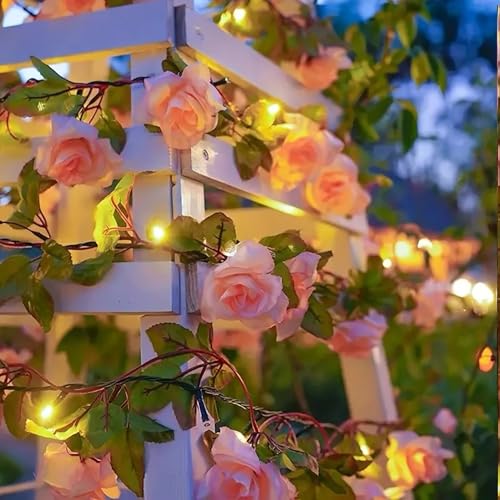 SUAVER Solar Rose Lichterkette Aussen Dekorative Lichter Künstlicher Rose Blume Efeu Girlande,Wasserdicht Solarlampen Gartendeko für Balkon Terrasse Zaun Hochzeit Party (Pink, 2m 20LED) von SUAVER