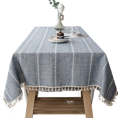 Tischdecke Baumwoll-Leinen-Streifen-Quasten-Tischdecke, schmutzabweisend, staubdicht, Tischdecke for Küche, Esszimmer, Tischdekoration, rechteckig(Blue,140x200cm) von SUBLXPoten