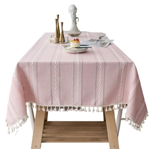 Tischdecke Baumwoll-Leinen-Streifen-Quasten-Tischdecke, schmutzabweisend, staubdicht, Tischdecke for Küche, Esszimmer, Tischdekoration, rechteckig(Pink,140x220cm) von SUBLXPoten