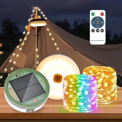 10m Solar Camping Lichterkette,Warmweiß+RGB Outdoor Campinglampe,Außenlichterketten mit 13 Beleuchtungsmodi,Solar&USB Aufladung,130Leds Tragbare Campinglampe für Camping,Garten und Wandern von SUBOSI