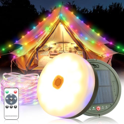 10m Solarenergie USB 2 in1 Camping Lichterkette Aufrollbar,130Leds Campinglampe mit led lichterkette und Fernbedienung,Wasserdicht IP65 Tragbare camping lichterkette,Led lichterkette außen camping von SUBOSI