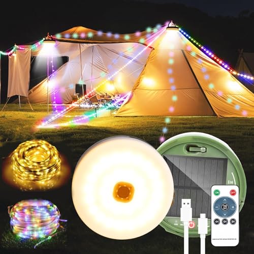 20m Solar Camping Lichterkette,Warmweiß+RGB Outdoor Campinglampe 230Leds,Außenlichterketten mit 13 Beleuchtungsmodi,Solar&USB Aufladung,Tragbare Campinglampe für Camping,Garten und Wandern von SUBOSI