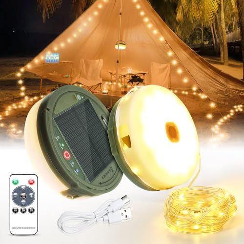 SUBOSI 12m Solar Camping Lichterkette Aufrollbar,Solar&USB Aufladung, 150Leds Outdoor Campinglampe Lichterkette mit Fernbedienung,8-Modi Tragbare Camping Lichter für Camping, Hof von SUBOSI