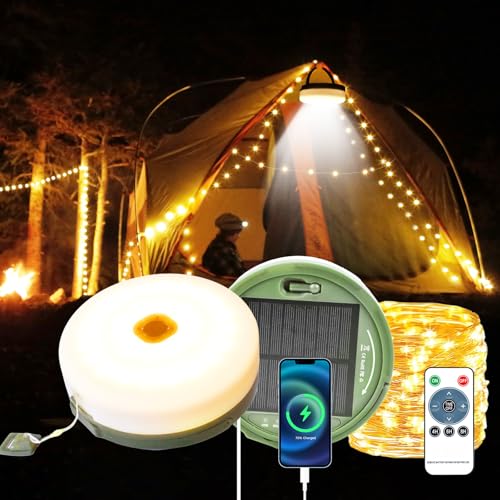 12m Solar Camping Lichterkette Aufrollbar,Solar&USB Aufladung, 150Leds Outdoor Campinglampe Lichterkette mit Fernbedienung,8-Modi Tragbare Camping Lichter für Camping, Hof von SUBOSI