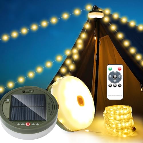 SUBOSI 20m Solar Camping Lichterkette Aufrollbar,Solar&USB Aufladung, 230Leds Outdoor Warmweiß Campinglampe Lichterkette mit Fernbedienung,8-Modi Tragbare Camping Lichter für Camping, Hof von SUBOSI