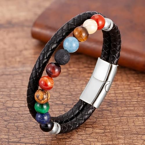 SUBOTE Acht Planeten Naturstein Lederarmband Universum Galaxy Sonnensystem Perlen Armbänder für Männer Frauen Schmuck von SUBOTE