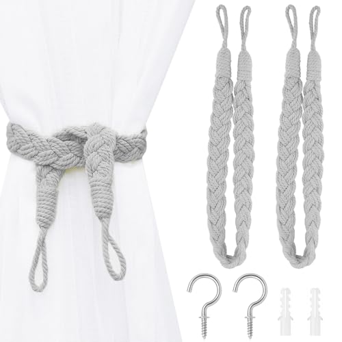 Vorhang-Raffhalter, 2er-Pack, Vorhang-Seilschnalle, Elegante Vorhang-Raffhalter im Boho-Stil, Handgestrickte Vorhang-Raffhalter mit Metallhaken für Zuhause, Büro, Wohnzimmer, Schlafzimmer (grau) von SUBTAVIK