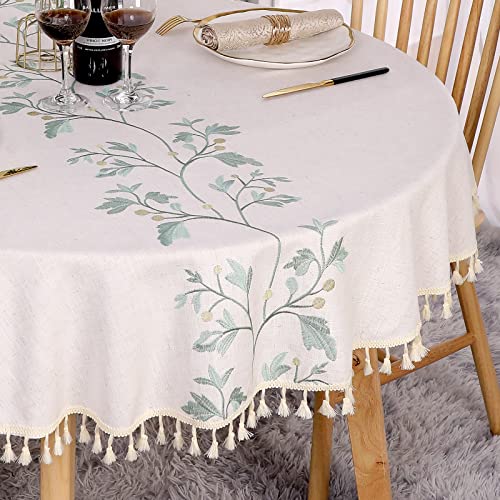 SUCHDECO Tischdecke Rund 140 cm Abwaschbar Leinen Baumwolle Beige Tischtuch Knitterfrei Staubdicht mit Grüne Gestickte Blätter, Quasten für Küche, Esszimmer, Esstisch, Couchtisch, Gartentisch von SUCHDECO