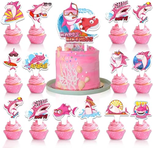 25 Stück Hai-Kuchenaufsätze, Hai Cake Cupcake Picks, Shark Party-Kuchendeko, Meerestier Kuchen Toppers, für Kinder, Babypartys Kuchen Topper, Muffin Backen Kuchenaufsätze (Rosa) von SUEHBEXF