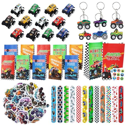 98Pcs Monster Truck Party Mitgebsel, Monstertruck Geburtstag Geschenkset mit Truck Geschenktüten Schlüsselanhänger Mini Trucks Slap Armbänder Aufkleber, Truck Geburtstag Party Gastgeschenke für Kinder von SUEHBEXF