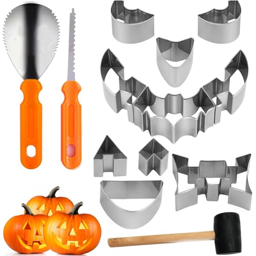 Halloween Kürbis Schnitzset 13 Stück, mit 10 Edelstahl Kürbis Schablonen, 3Pcs Kürbis Kürbisschnitzwerkzeug Inklusive Gummihammer, DIY Halloween Deko, DIY Kürbis Carving Set für Kinder und Familie von SUEHBEXF