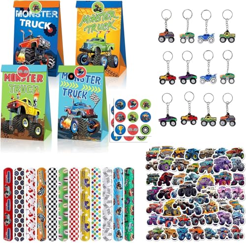 74Pcs Monster Truck Party Mitgebsel, Monster Truck Geburtstag Geschenkeset mit Monster Truck Geschenktüten Schlüsselanhänger Aufkleber, Truck Geburtstag Party Gastgeschenke für Kinder von SUEHBEXF