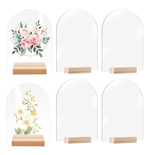 SUEOUX 6er-Pack Tischnummern Hochzeit Bogen-Acrylplatte Blanko, Transparent Acryl Tischnummern Karten Schilder mit Holzsockel, Wiederverwendbar runde Oberseite Hochzeitsschild für Dekoration, Party von SUEOUX