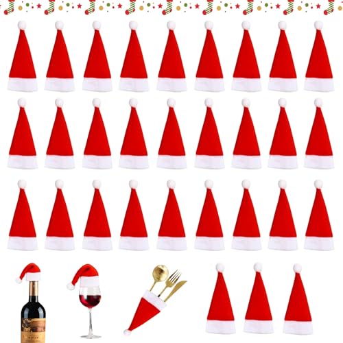 SUFANG 30 Stück Mini Weihnachtsmütze Nikolausmütze Klein Kleine Weihnachtsmützen Basteln Filz Weihnachten Besteckhalter Hats für Eier SüßIgkeit Flaschen Schneemann Dekoration Geschenk Dekoration von SUFANG