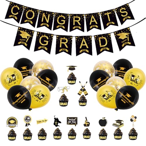 Abschluss Deko, Graduation Deko Abschlussfeier Deko 2024, Abitur Bachelor Deko Schwarz Gold Schulabschluss 2024 Deko mit Congratulations Banner, Tortentopper Graduierung Accessoire Party Deko Set von SUHANIOP