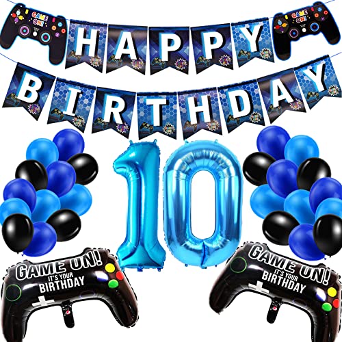 Geburtstagsdeko Jungen 10 Jahre, Gamer Deko Geburtstag, Happy Birthday Girlande Banner Deko Junge, Gamecontroller Luftballons Schwarz Blaue Ballons Set für Kinder Videospiel Thema Party Zubehör von SUHANIOP