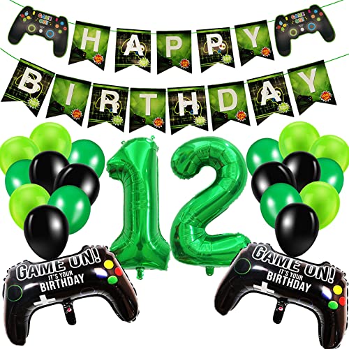 Geburtstagsdeko Jungen 12 Jahre, Gamer Deko Geburtstag, Happy Birthday Girlande Banner Deko Junge, Gamecontroller Luftballons Schwarz Grün Ballons Set für Kinder Videospiel Thema Party Zubehör von SUHANIOP