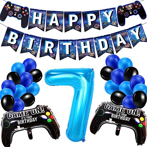 Geburtstagsdeko Jungen 7 Jahre, Gamer Deko Geburtstag Luftballons 7 Junge, Happy Birthday Banner 7 Deko Junge, Gamecontroller Luftballons Schwarz Blaue Ballons Set für Kinder Videospiel Party Zubehör von SUHANIOP