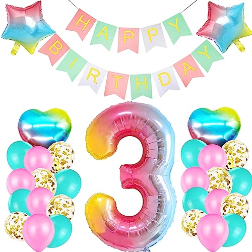 Deko 3 Geburtstag Mädchen, Geburtstagsdeko 3 Jahre Mädchen, Luftballons Gold Konfetti Rosa Tiffany Blau, Folienballon 3 Regenbogen, Bunt Happy Birthday Girlande für Kinder Geburtstag Party Deko Set von SUHANIOP