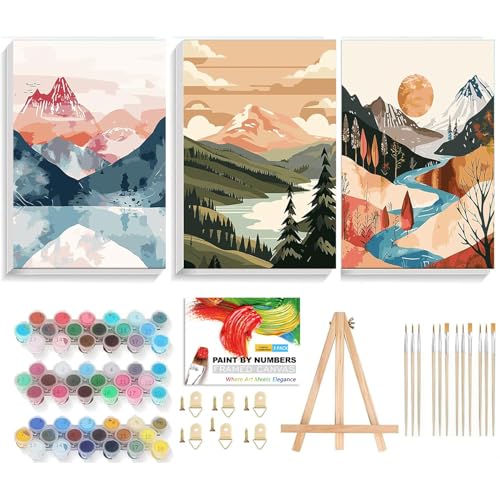 SUHEFAFA 3 Stück Malen Nach Zahlen Erwachsene- Malen nach Zahlen Landschaft Diy Set Erwachsene Mit Holzrahmen Holzstaffelei, Acrylfarbe Leinwand und 12 Pinsel Kit Geschenk Home Haus Deko(24×30cm) von SUHEFAFA