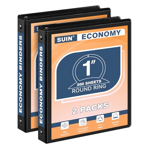 SUIN Economy 3-Ringbuch, 2,5 cm, runder Ringbuch, anpassbar, transparenter Einband, 2,5 cm Ordner für Büro/Schule (Schwarz, 2 Stück) von SUIN