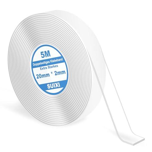 SUIXI Nano Transparentes Klebeband 5meter, Extra Starkes Doppelseitiges Klebeband, Double Sided Tape für Foto Wand, Küche, Zuhause, Auto oder Outdoor (Breite 2cm Dicke 2mm) von SUIXI